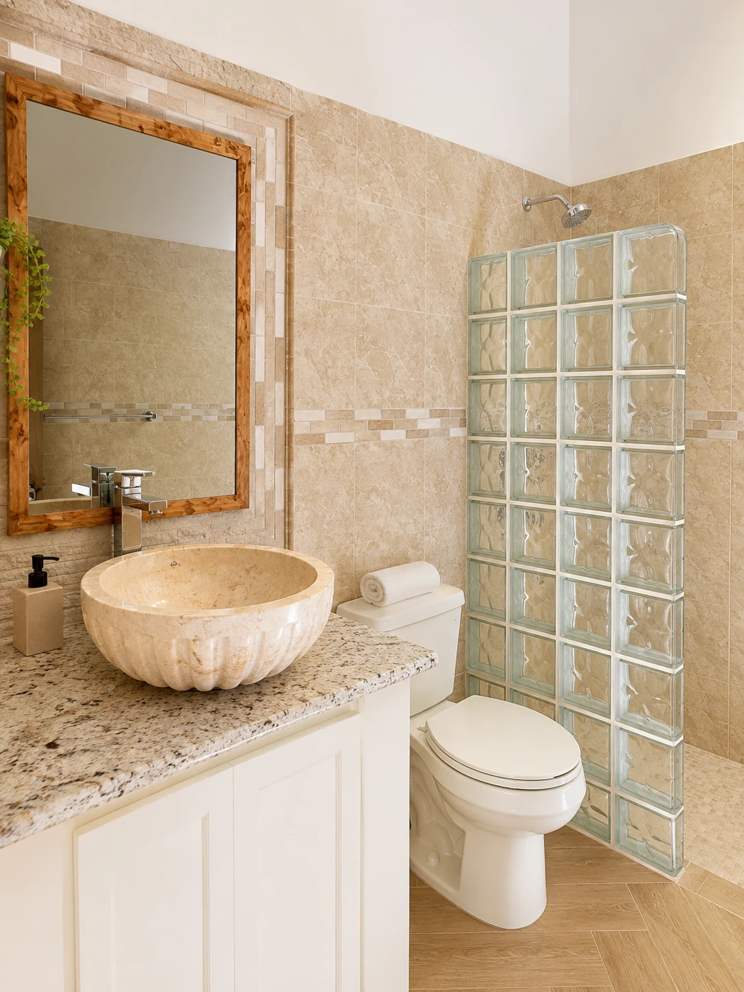 Love apartment bathroom with shell-style basin