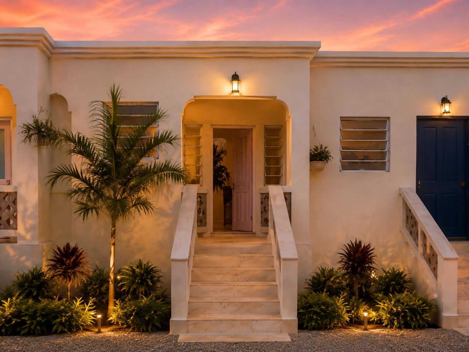 Middle apartment front at sunset