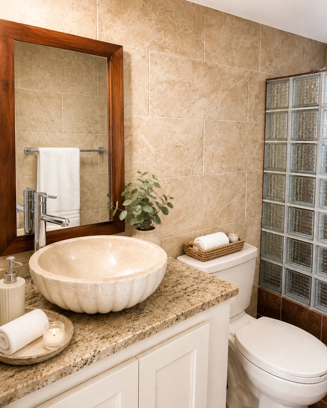 Bathroom vanity and glass-block shower