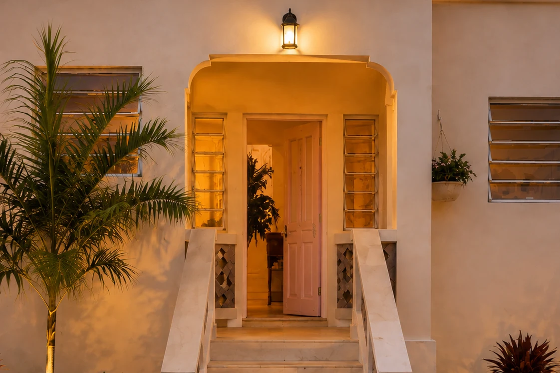 Live apartment entrance at sunset